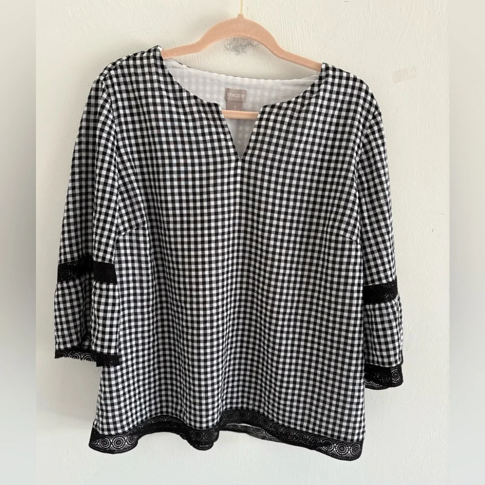 Chico's Black and White Gingham Women's Top - Picture 2 of 10